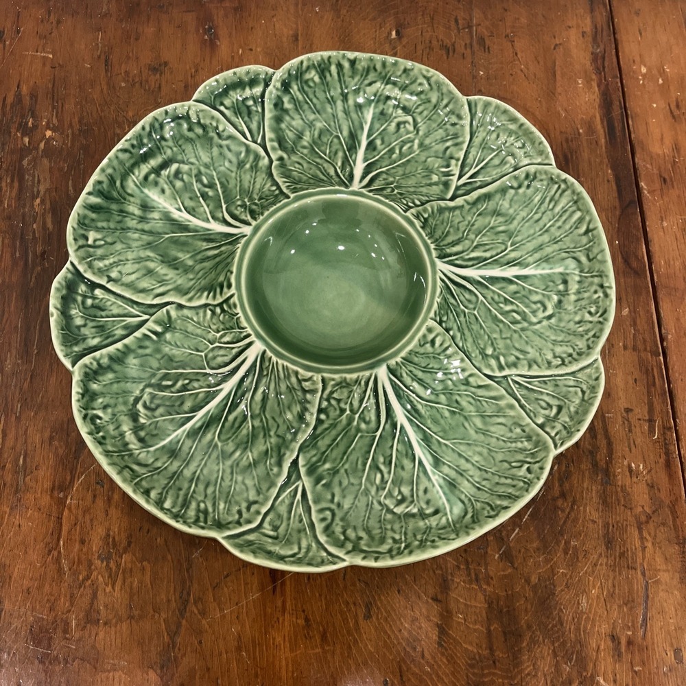 Vtg Bordallo Pinheiro Green Cabbage Leaf Dip Veggies Appetizers Serving Tray